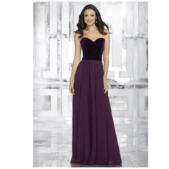 Morilee Madeline Gardner Velvet Chiffon Strapless Plum Bridesmaid Prom Gown - Picture 1 of 12